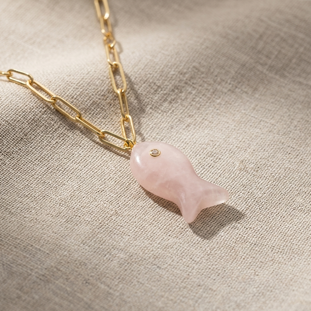 Drift Tide Fish Necklace – Gemstone Fish Pendant on Gold Filled Paperclip Chain | Handmade Texas Hill Country Jewelry
