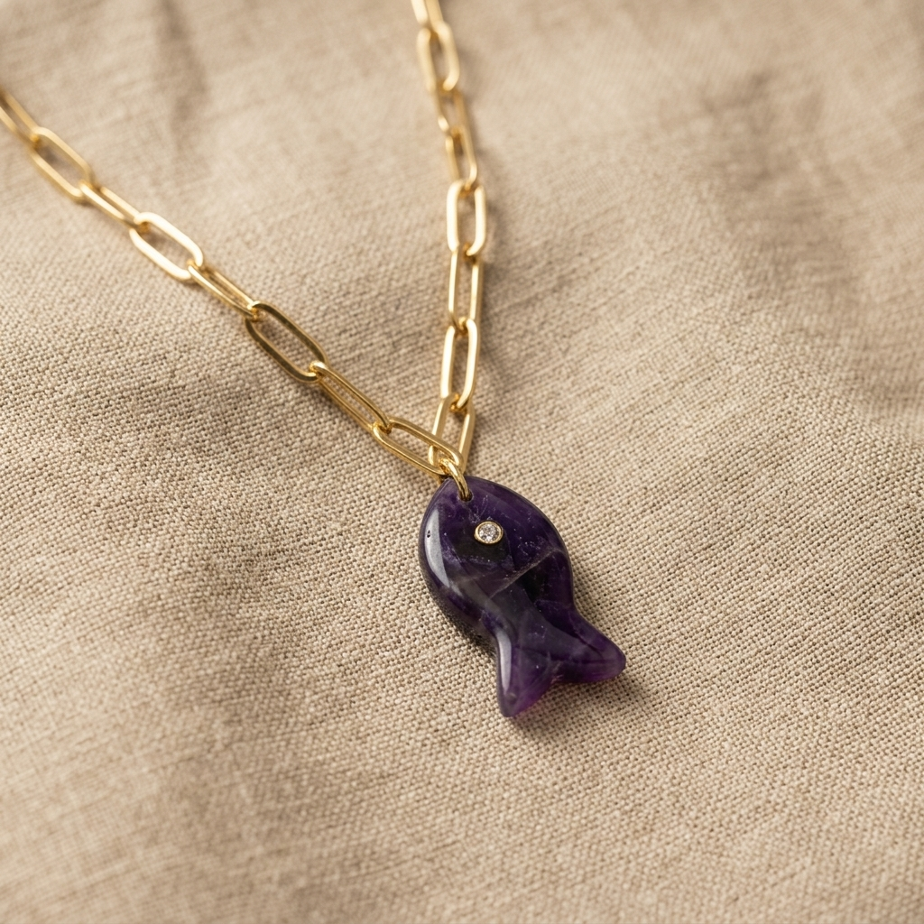 Drift Tide Fish Necklace – Gemstone Fish Pendant on Gold Filled Paperclip Chain | Handmade Texas Hill Country Jewelry