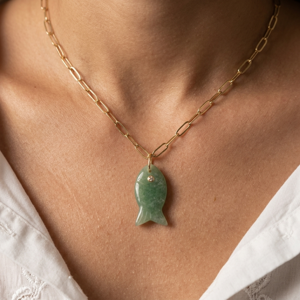 Drift Tide Fish Necklace – Gemstone Fish Pendant on Gold Filled Paperclip Chain | Handmade Texas Hill Country Jewelry