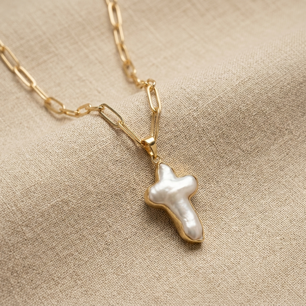 Freshwater pearl cross necklace on gold filled paperclip chain with artisan boho styling