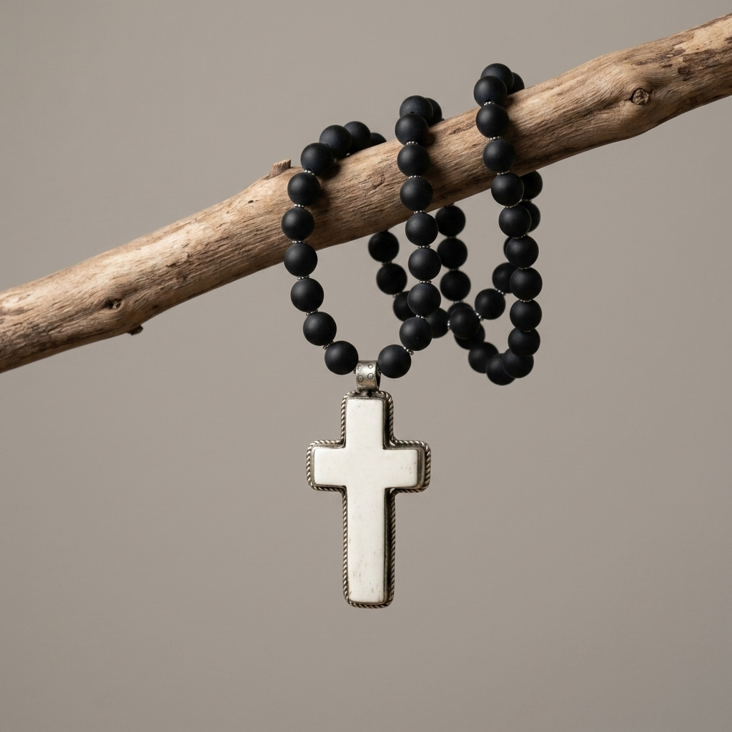 Mesa Noire Necklace – Black Onyx Beads with Hand-Carved Bone Cross Pendant | Handmade Texas Hill Country Jewelry