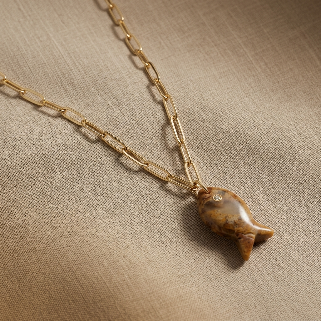 Drift Tide Fish Necklace – Gemstone Fish Pendant on Gold Filled Paperclip Chain | Handmade Texas Hill Country Jewelry