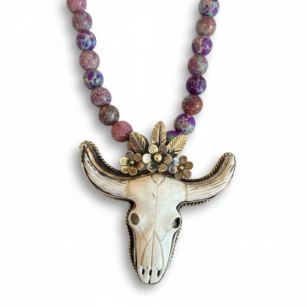 Longhorn Necklace with Purple Jasper Beaded Necklace