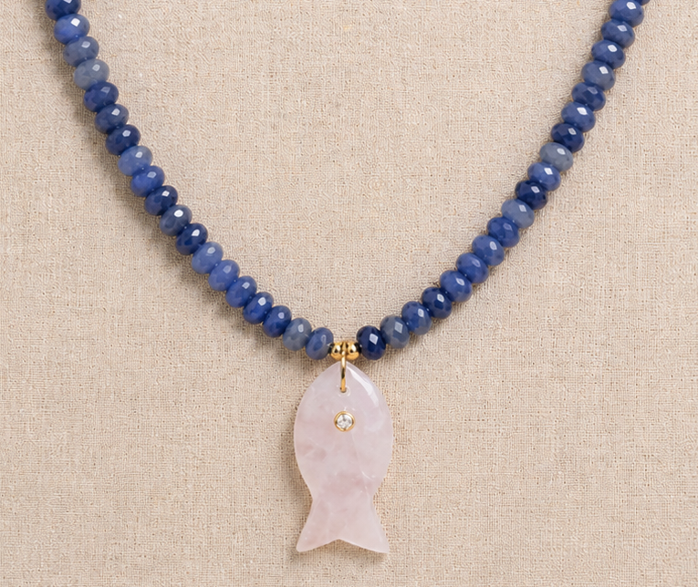Rose quartz fish pendant necklace with blue aventurine beads and gold accents