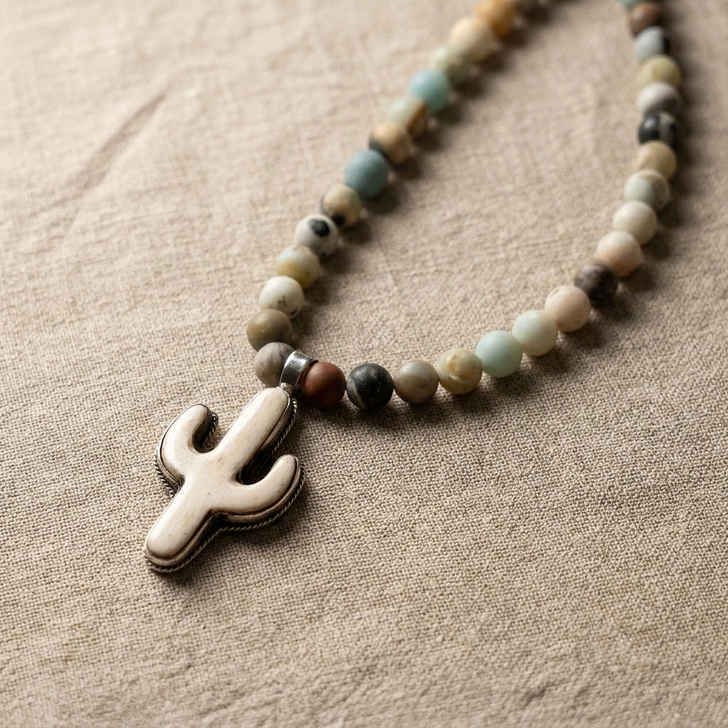 Sundown Fossil Necklace – Amazonite Beads with Hand-Carved Cactus Pendant | Handmade Texas Hill Country Jewelry