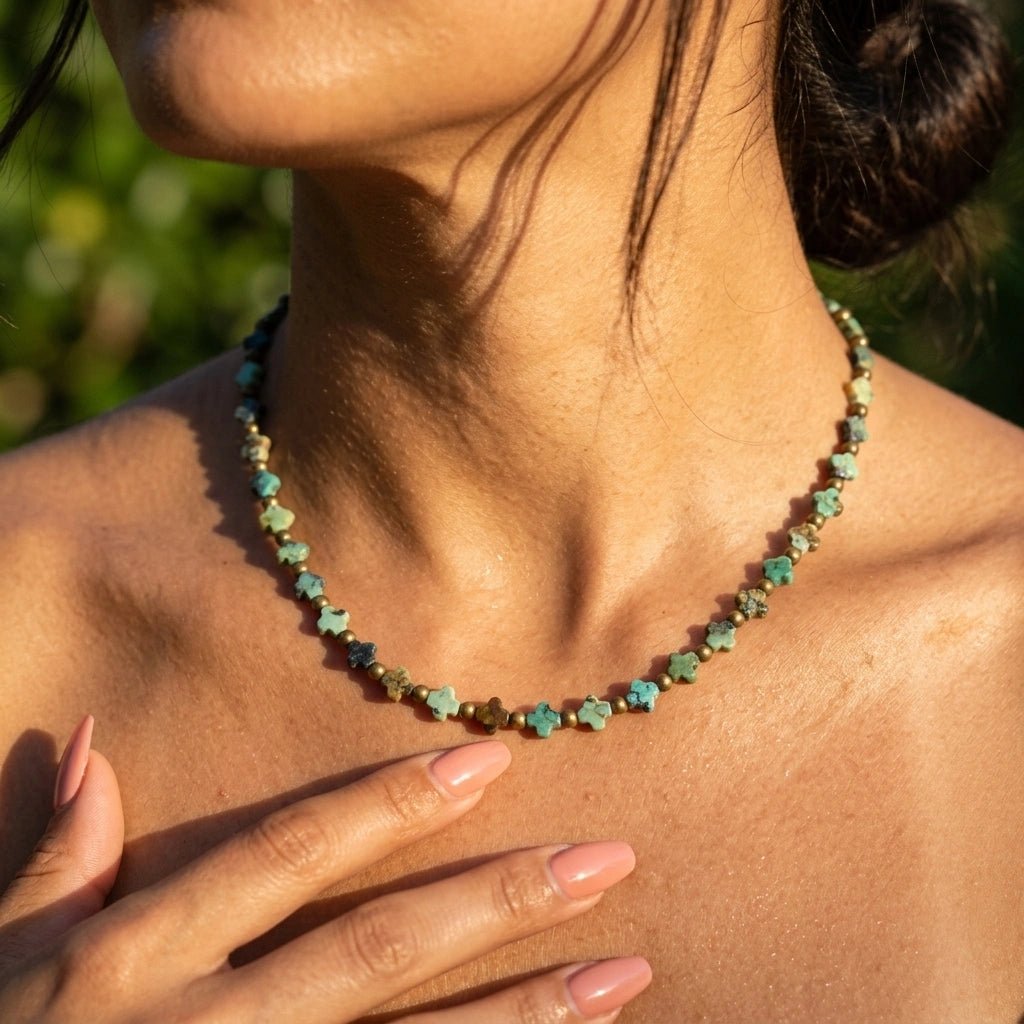 African Turquoise Beaded Necklace with Clover Shaped Beads by Desert Gypsy - Desert Gypsy