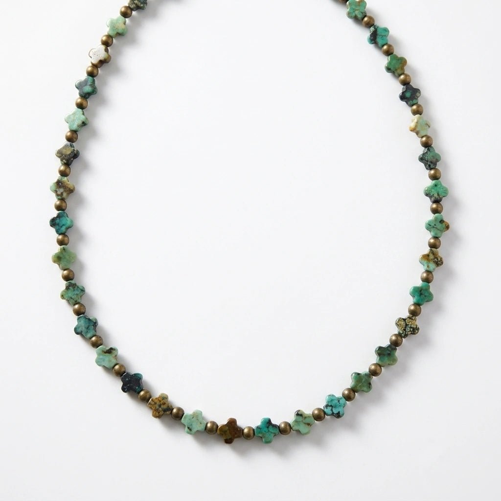 African Turquoise Beaded Necklace with Clover Shaped Beads by Desert Gypsy - Desert Gypsy