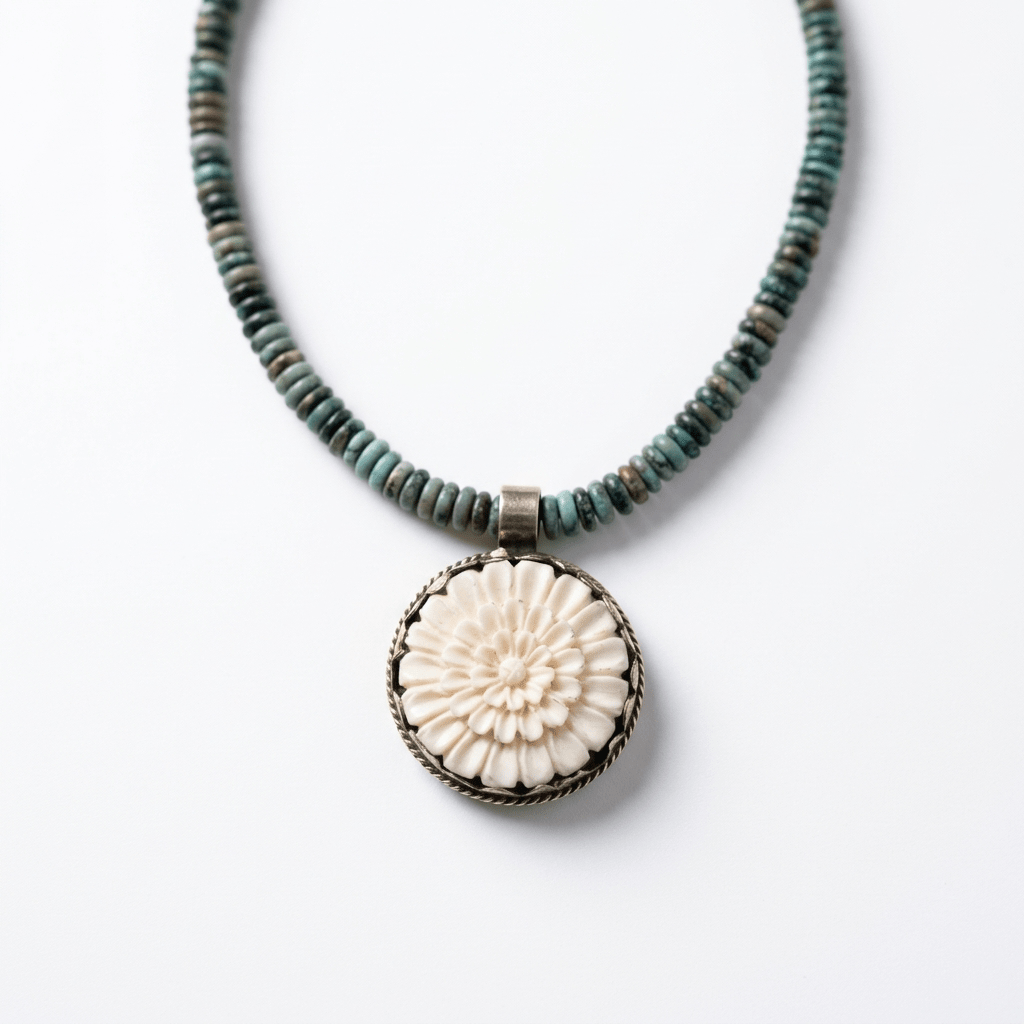 African Turquoise Beaded Necklace with Hand-Carved Flower Pendant - Desert Gypsy