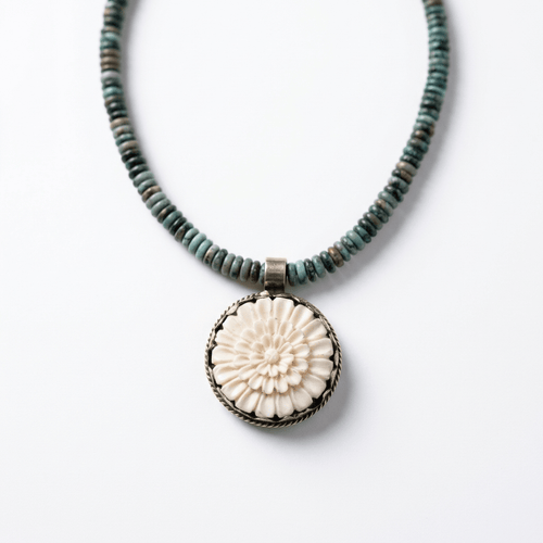 African Turquoise Beaded Necklace with Hand-Carved Flower Pendant - Desert Gypsy