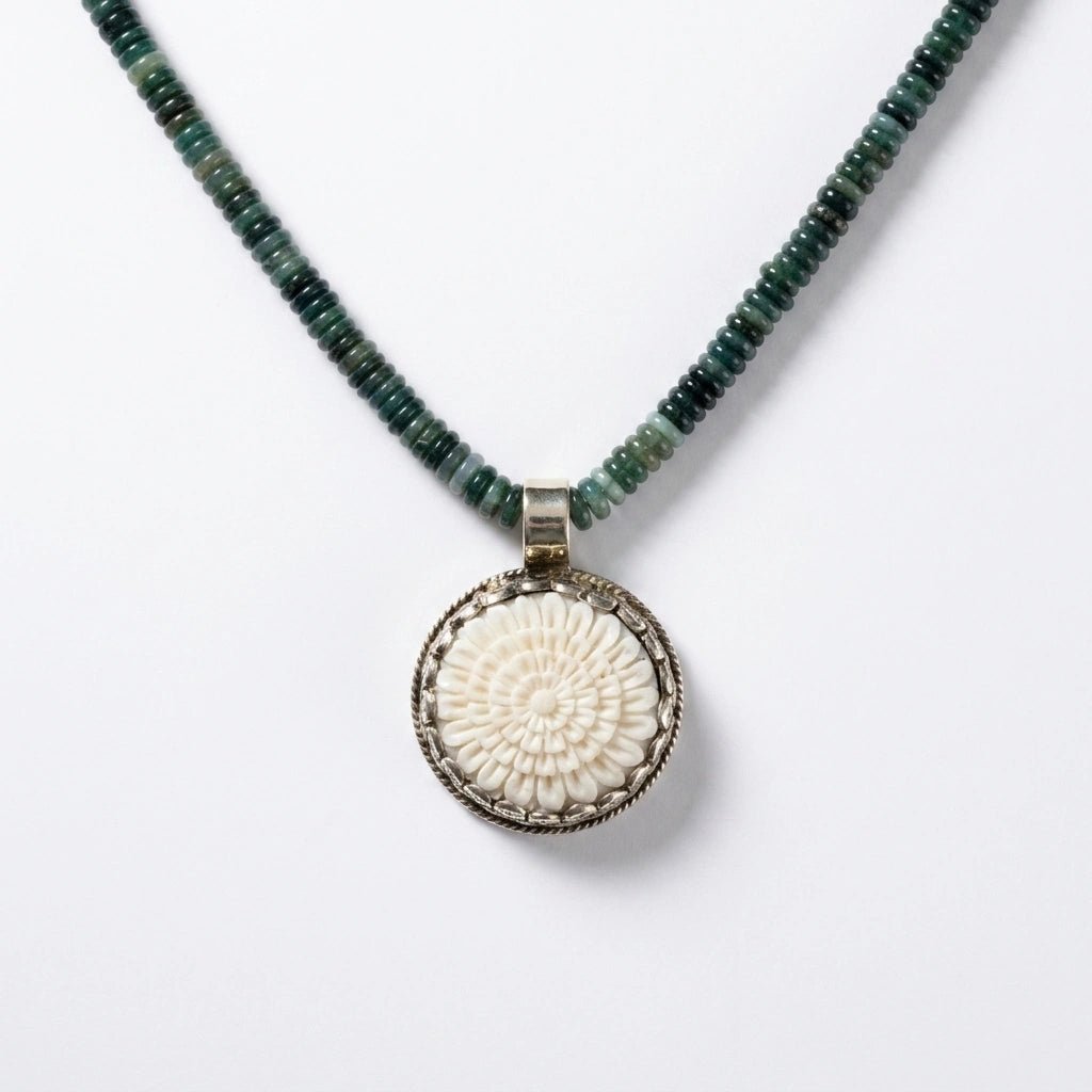 Agate Beaded Necklace with Carved Flower Pendant by Desert Gypsy - Desert Gypsy