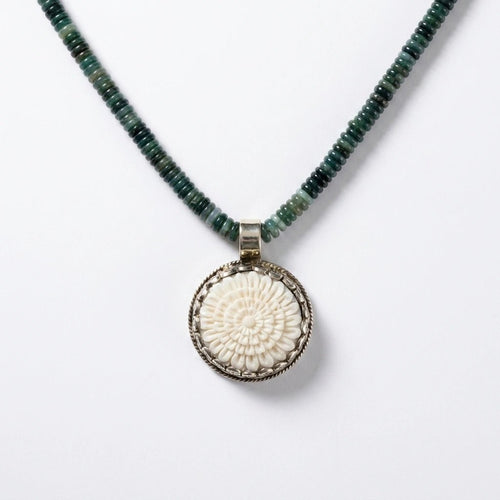 Agate Beaded Necklace with Carved Flower Pendant by Desert Gypsy - Desert Gypsy