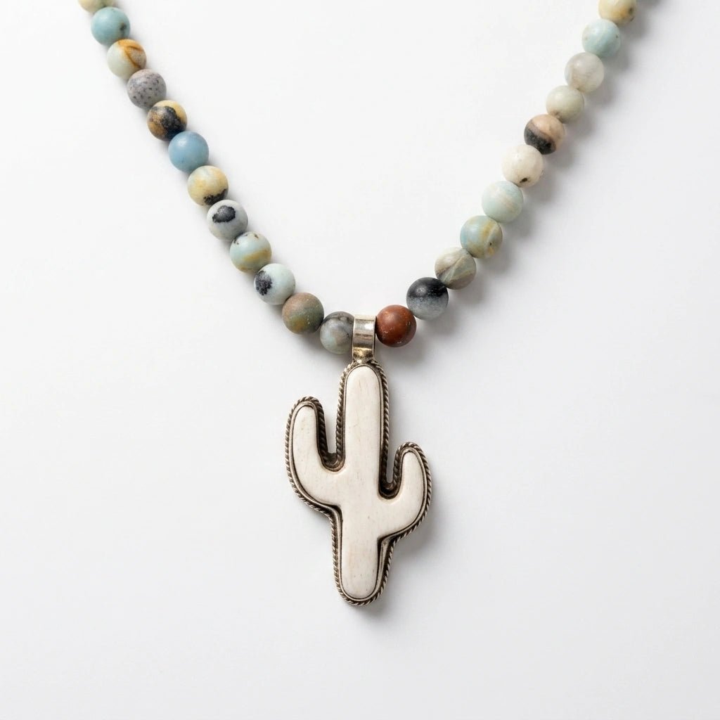 Amazonite Beaded Necklace with Cactus Pendant by Desert Gypsy - Desert Gypsy