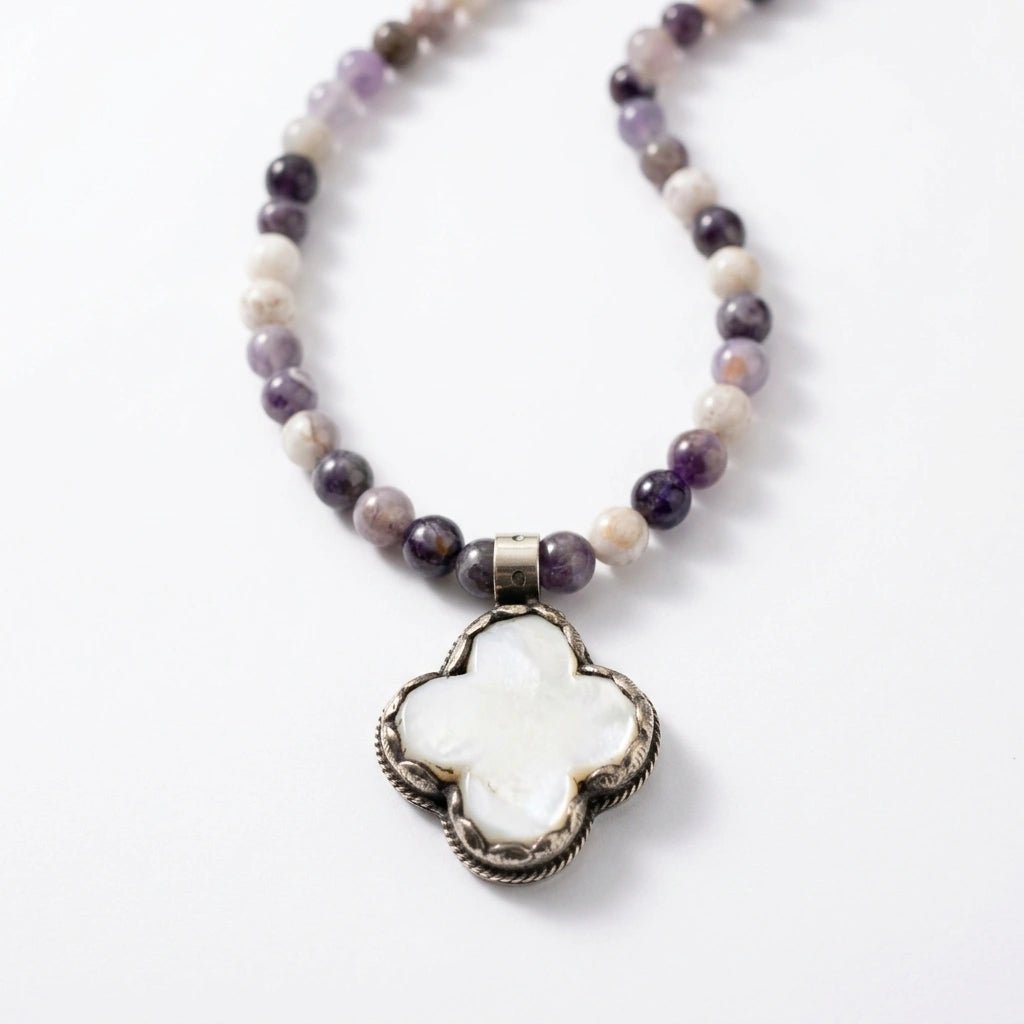 Amethyst Beaded Necklace with Mother of Pearl Latin Cross Pendant - Desert Gypsy