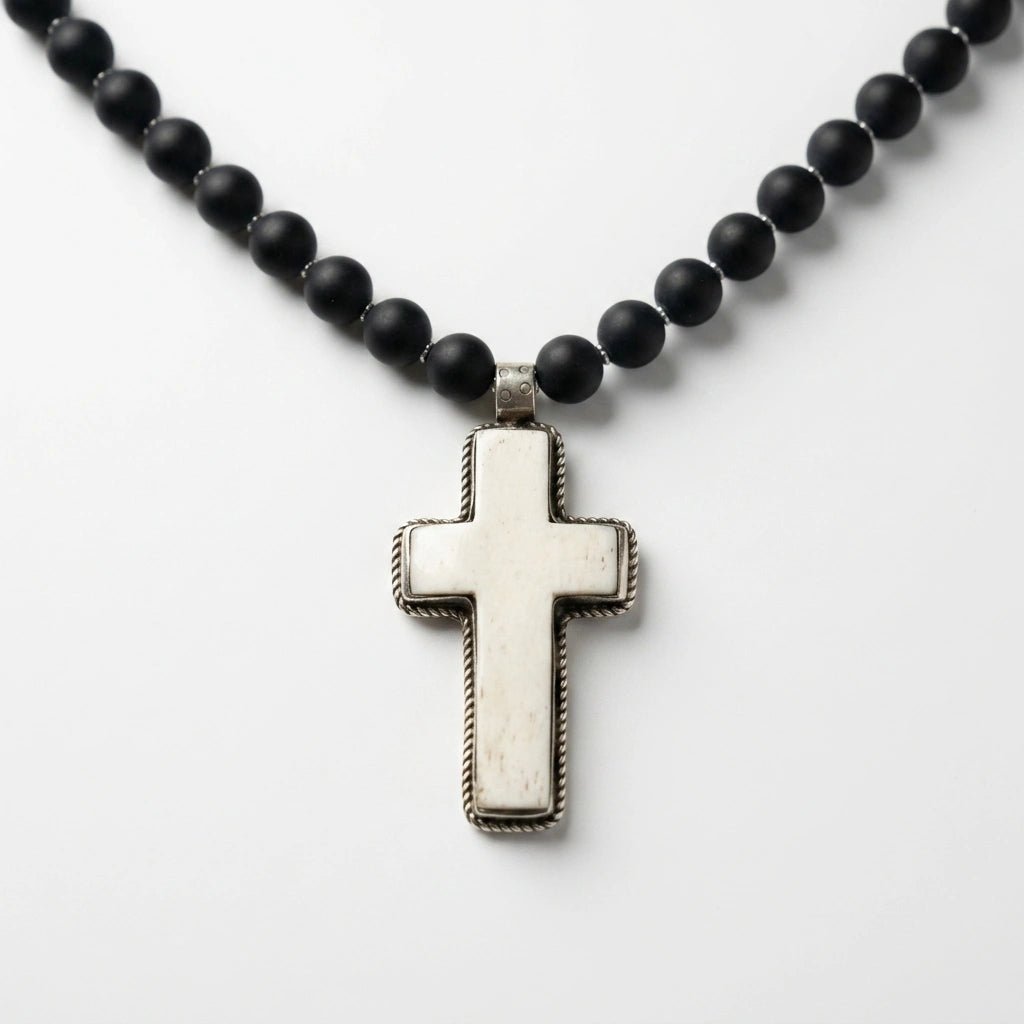 Black Onyx Beaded Necklace with Cross Pendant by Desert Gypsy - Desert Gypsy