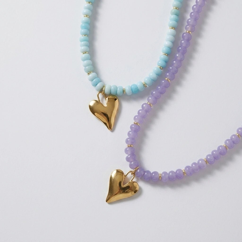 Candy Colored Jade Beaded Necklace with Gold Heart Pendant by Desert Gypsy - Desert Gypsy