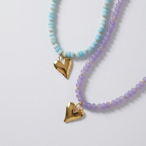 Candy Colored Jade Beaded Necklace with Gold Heart Pendant by Desert Gypsy - Desert Gypsy