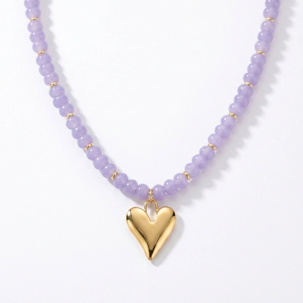 Candy Colored Jade Beaded Necklace with Gold Heart Pendant by Desert Gypsy - Desert Gypsy