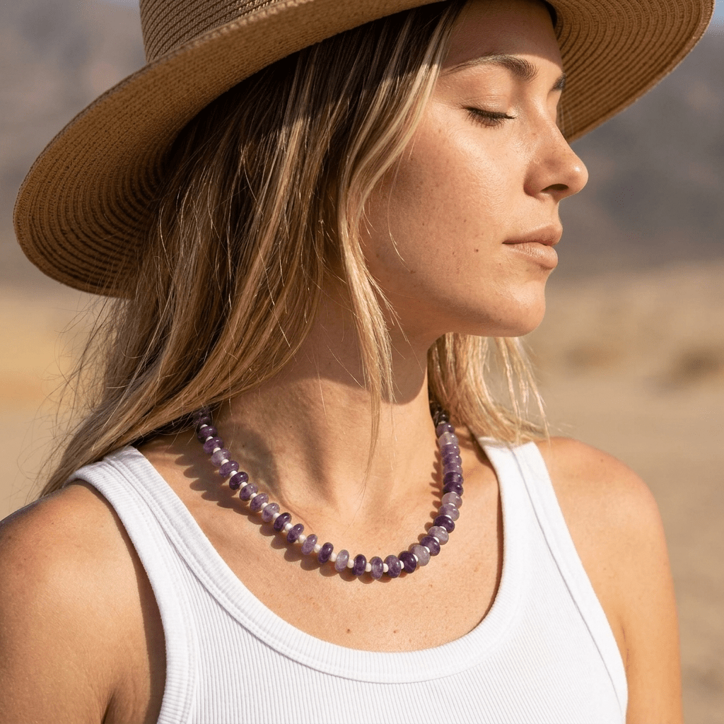 Chunky Amethyst & Bone Bead Statement Necklace - Desert Gypsy