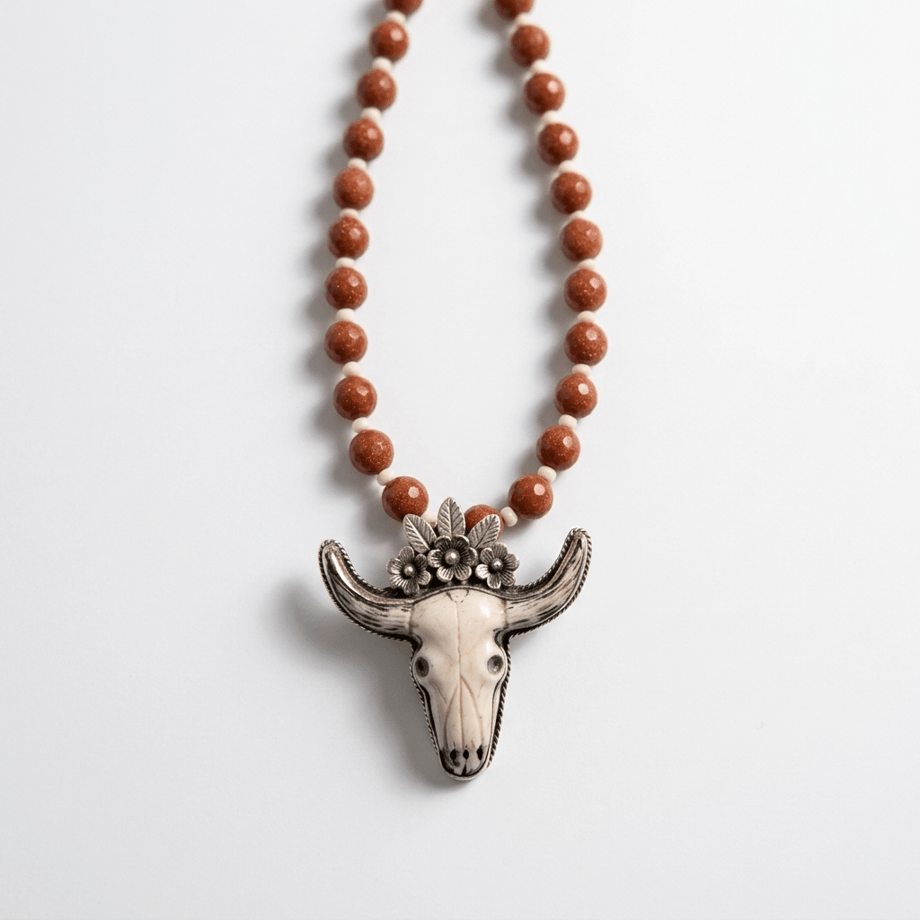 Dark Red-Orange Jade Beaded Necklace with Carved Longhorn Pendant by Desert Gypsy - Desert Gypsy