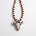 Dark Red-Orange Jade Beaded Necklace with Carved Longhorn Pendant by Desert Gypsy - Desert Gypsy