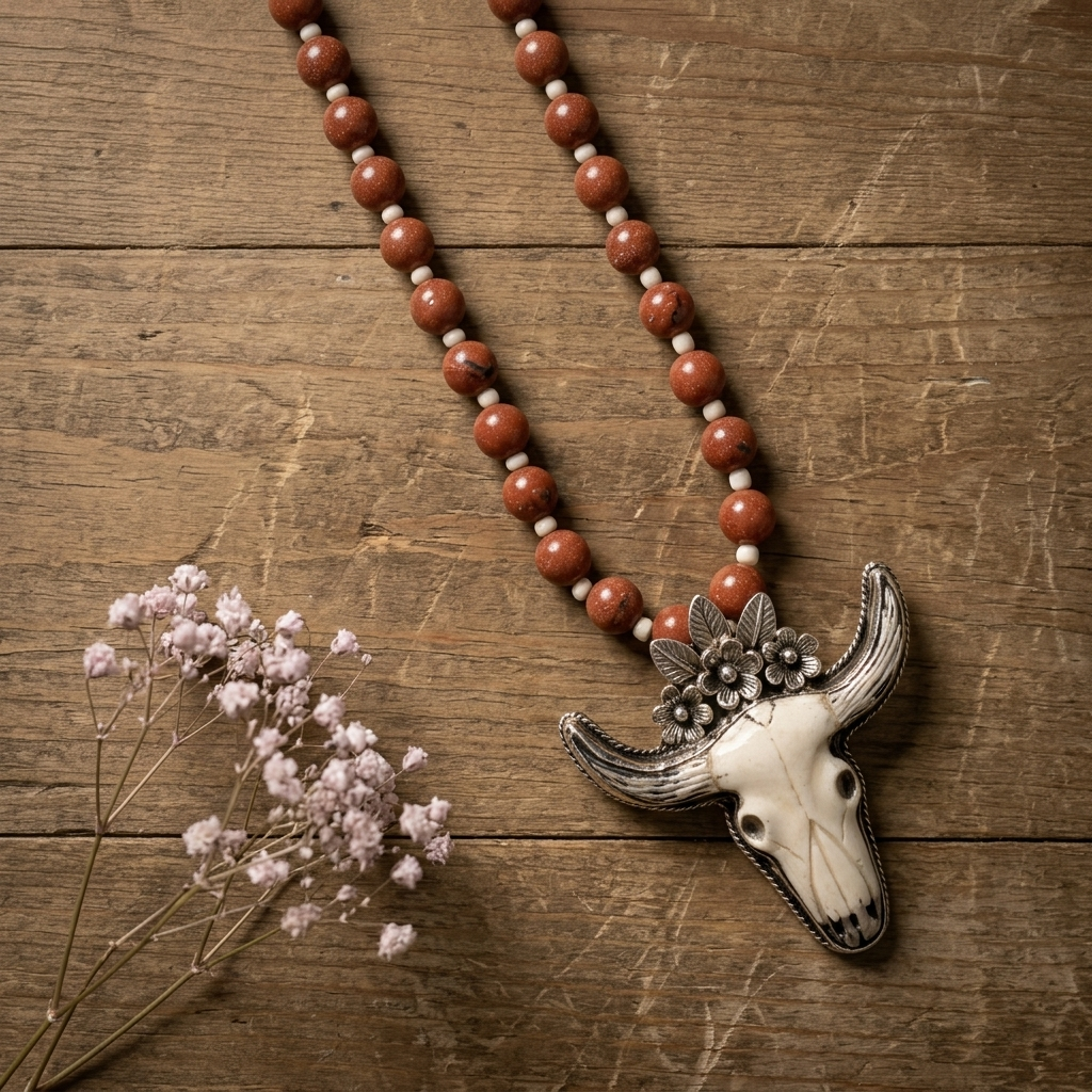 Desert Prairie Longhorn Necklace with reddish orange jade beads and carved bone longhorn pendant on wood background