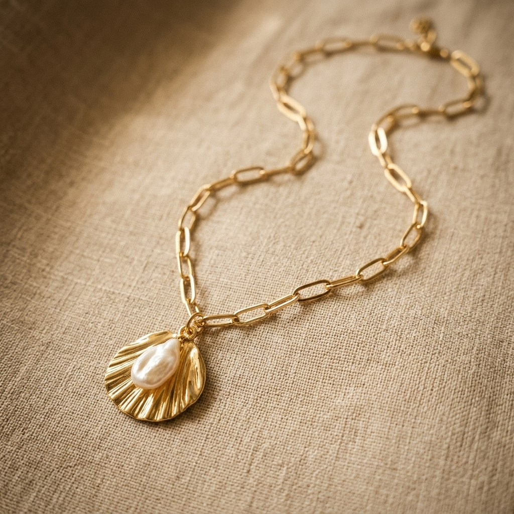 Golden Tide Necklace with gold shell pendant and freshwater pearl accent