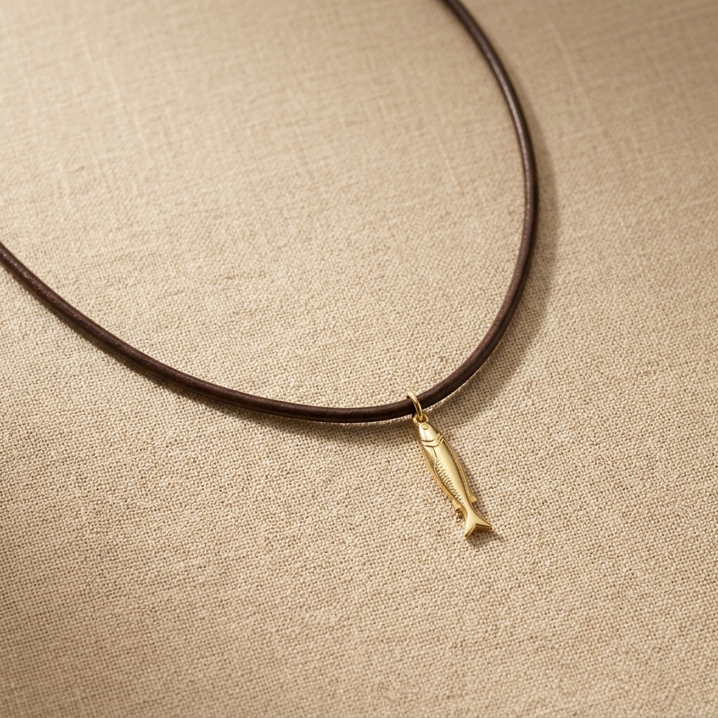 Golden Tide Sardine Necklace with petite gold fish pendant on leather cord