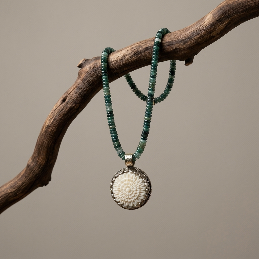 High Desert Agate Necklace with natural agate beads and carved bone flower pendant on linen background