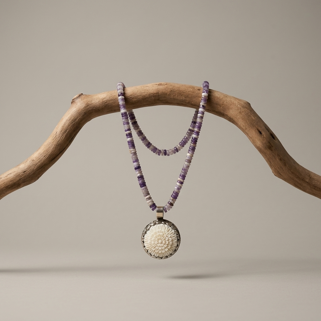 High Desert Amethyst Necklace with purple amethyst beads and carved bone flower pendant on driftwood