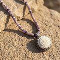 High Desert Amethyst Necklace with purple amethyst beads and carved bone flower pendant 