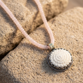 High Desert Rose Quartz Necklace with rose quartz beads and carved flower pendant
