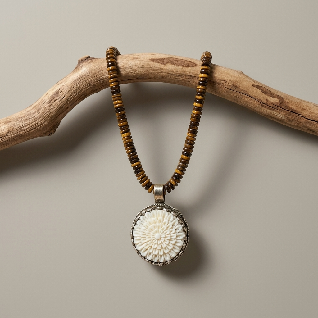 High Desert Tiger’s Eye Necklace with brown and gold tiger’s eye beads and carved bone flower pendant on linen background