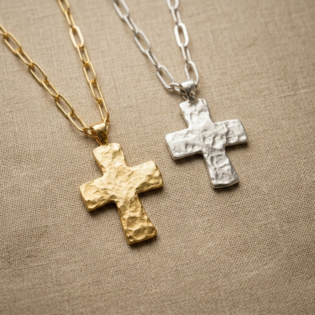 High Plains Cross Necklace with hammered cross pendant on paperclip chain