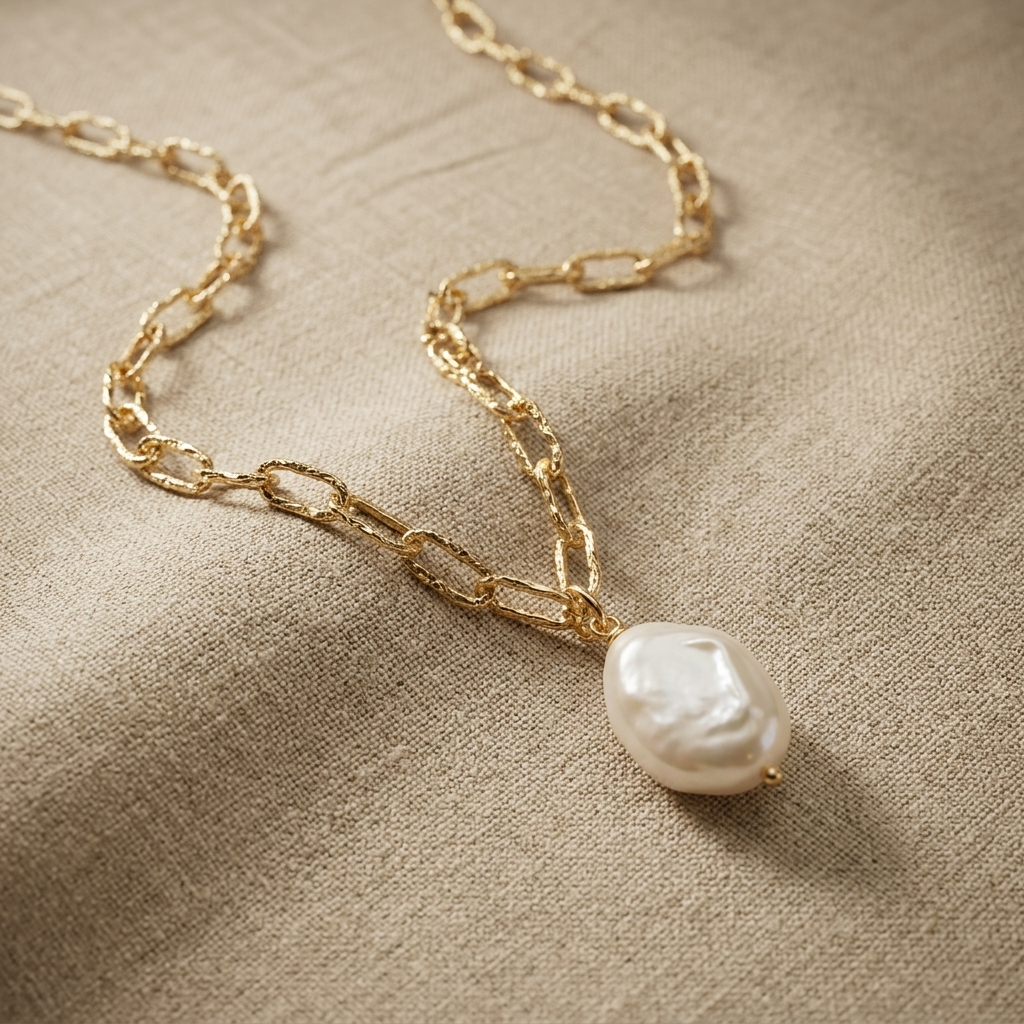 Luna Pearl Necklace with freshwater pearl pendant on textured gold filled chain