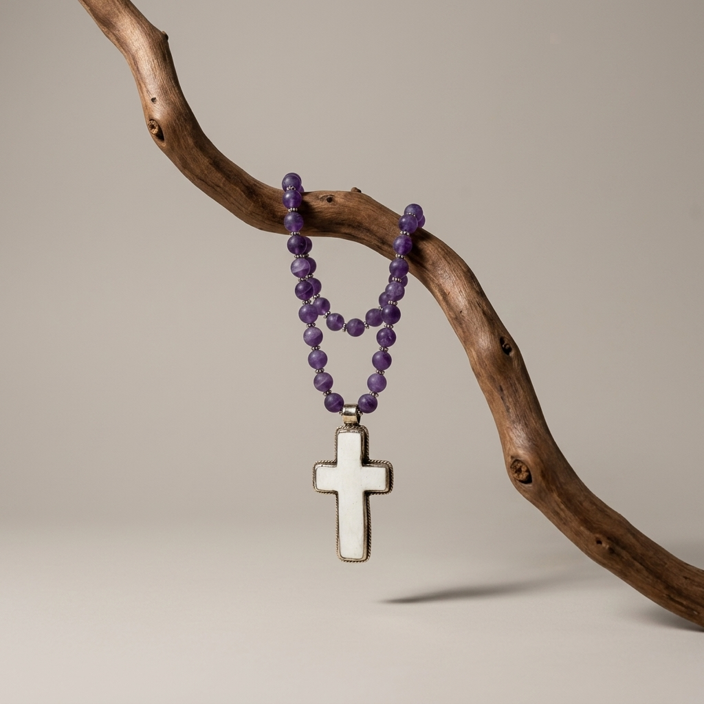 Mesa Amethyst Necklace with purple amethyst beads and bone cross pendant on linen background