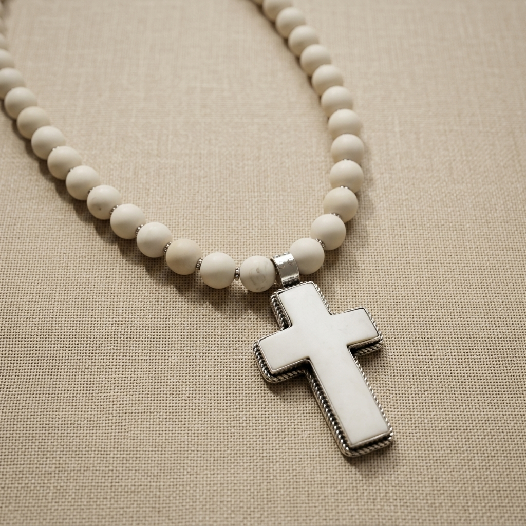 Mesa Ivory Cross Necklace with matte off-white river beads and carved bone cross pendant