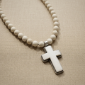 Mesa Ivory Cross Necklace with matte off-white river beads and carved bone cross pendant
