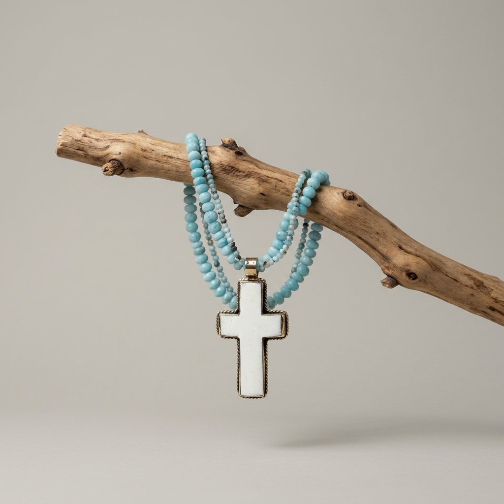 Mesa Ocean Multi-Strand Necklace with amazonite and larimar beads and bone cross pendant on linen 