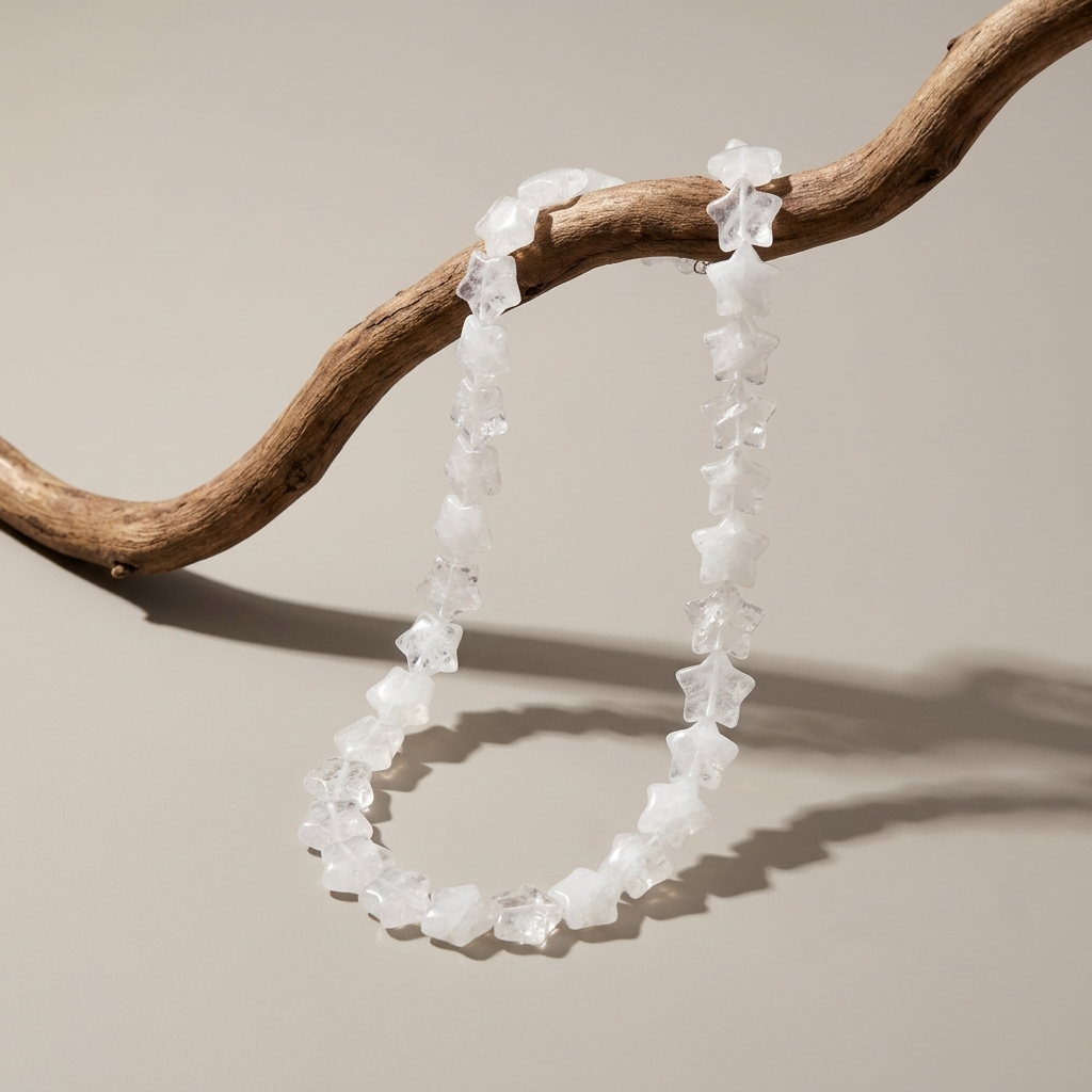 Starfish Necklace with clear quartz star-shaped beads on neutral background