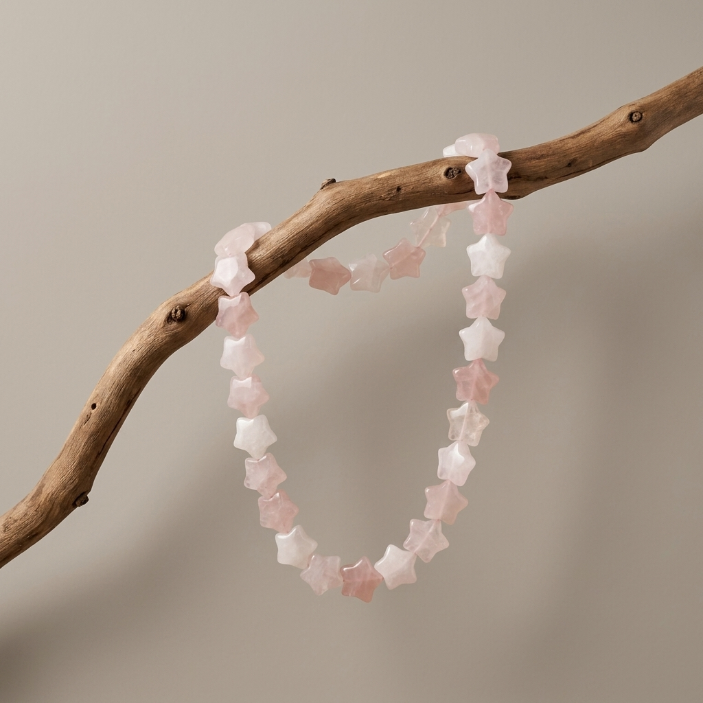 Starfish Necklace with rose quartz star-shaped beads on neutral background