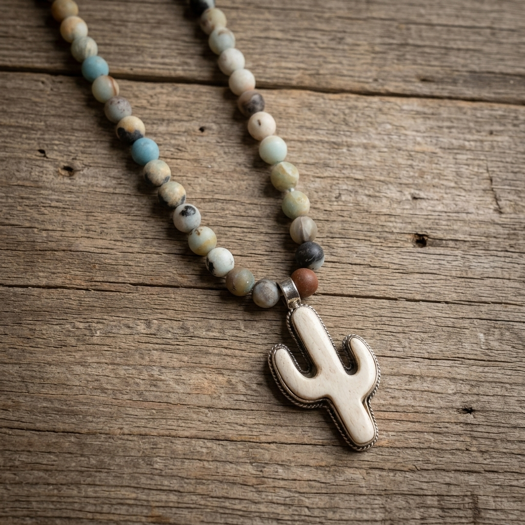 Sundown Fossil Necklace with amazonite beads and carved bone cactus pendant on rustic wood background