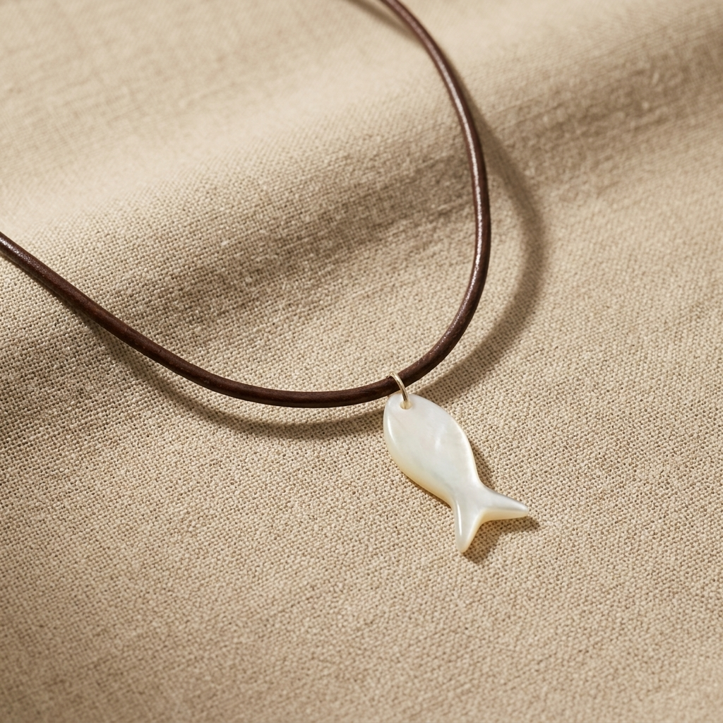 Tidal Drift Fish Necklace with mother of pearl fish pendant on leather cord