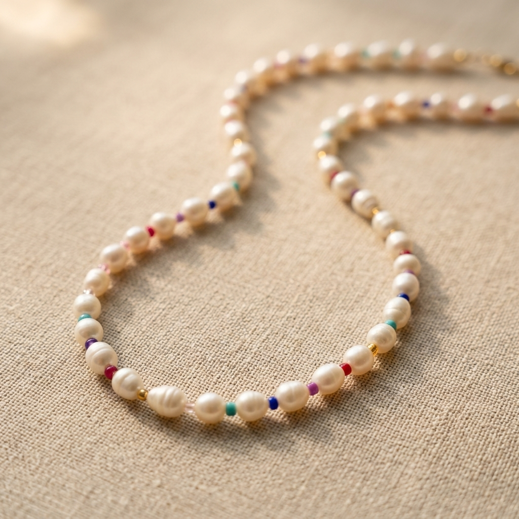 Pearl necklace with colorful beads on a beige fabric background