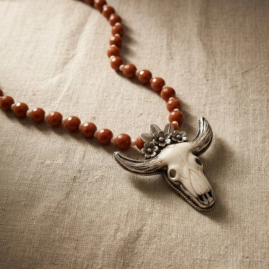 Desert Prairie Longhorn Necklace – Dark Red-Orange Jade Beads with Hand-Carved Longhorn Pendant | Handmade Texas Hill Country Jewelry - Desert Gypsy