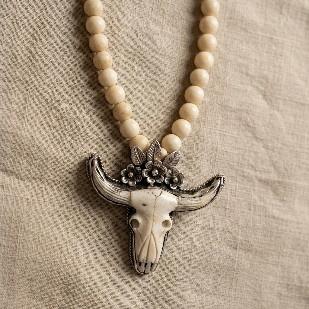 Desert Prairie Longhorn Necklace – Ivory Tone Beads with Hand-Carved Bone Longhorn Pendant | Handmade Texas Hill Country Jewelry - Desert Gypsy