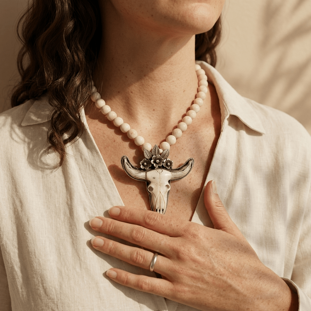 Desert Prairie Longhorn Necklace – Ivory Tone Beads with Hand-Carved Bone Longhorn Pendant | Handmade Texas Hill Country Jewelry - Desert Gypsy