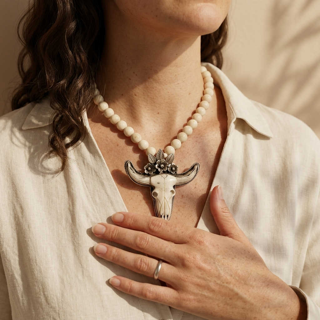 Desert Prairie Longhorn Necklace worn on model showcasing western boho statement style