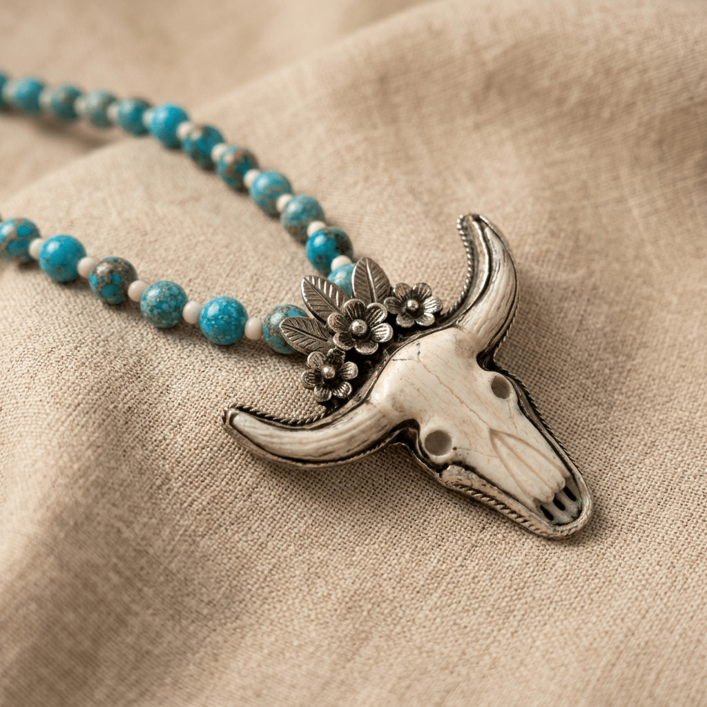 Desert Prairie Longhorn Necklace – Turquoise Jasper Beads with Hand-Carved Bone Longhorn Pendant | Handmade Texas Hill Country Jewelry - Desert Gypsy