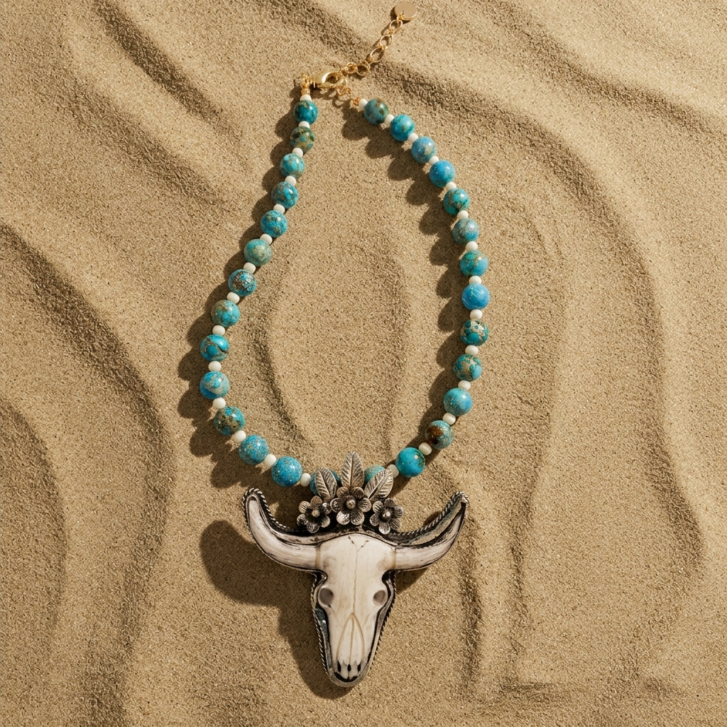 Desert Prairie Longhorn Necklace with jasper beads and carved bone longhorn pendant on sand background