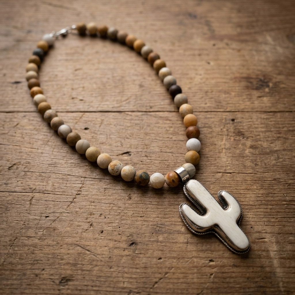 Sundown Fossil Necklace with fossil coral beads and bone cactus pendant on wood background
